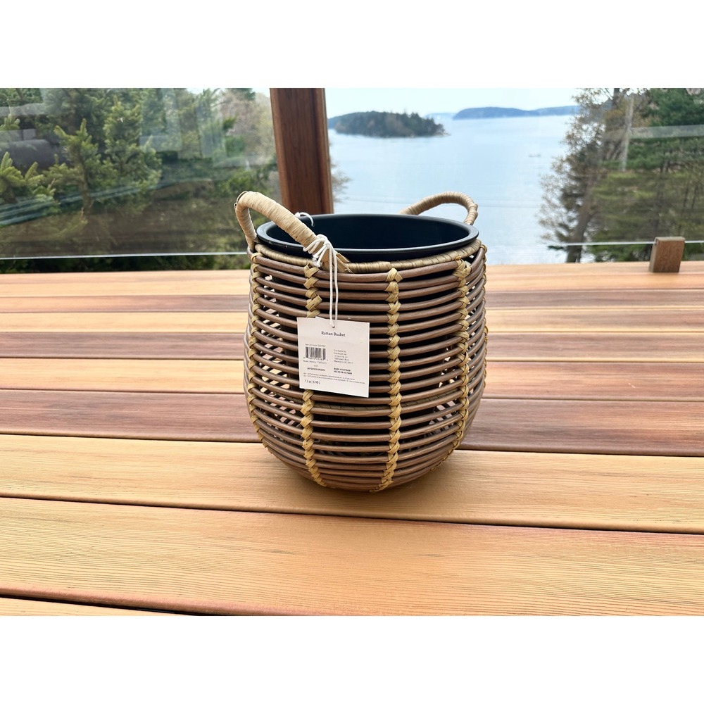 Woven Rattan Basket Planter with Handles and Removable Liner Brown Tan Round